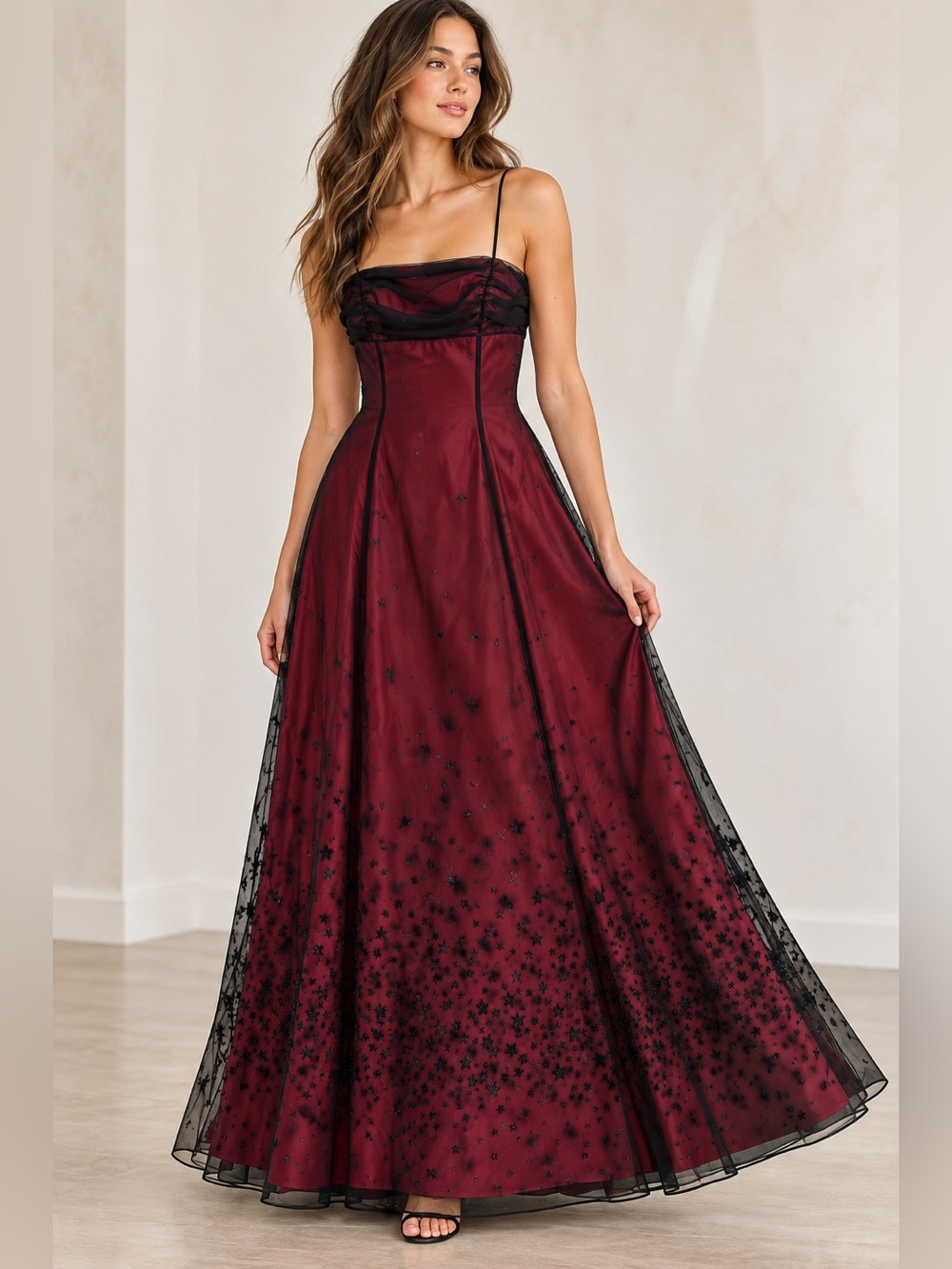 Vintage Y2K Morgan & Co 7/8 Burgundy Black Star Corset Maxi Prom Dress Goth